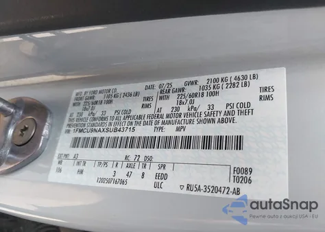 2025 Ford Escape St-Line Select z USA, uszkodzony, nr VIN 1FMCU9NAXSUB43715